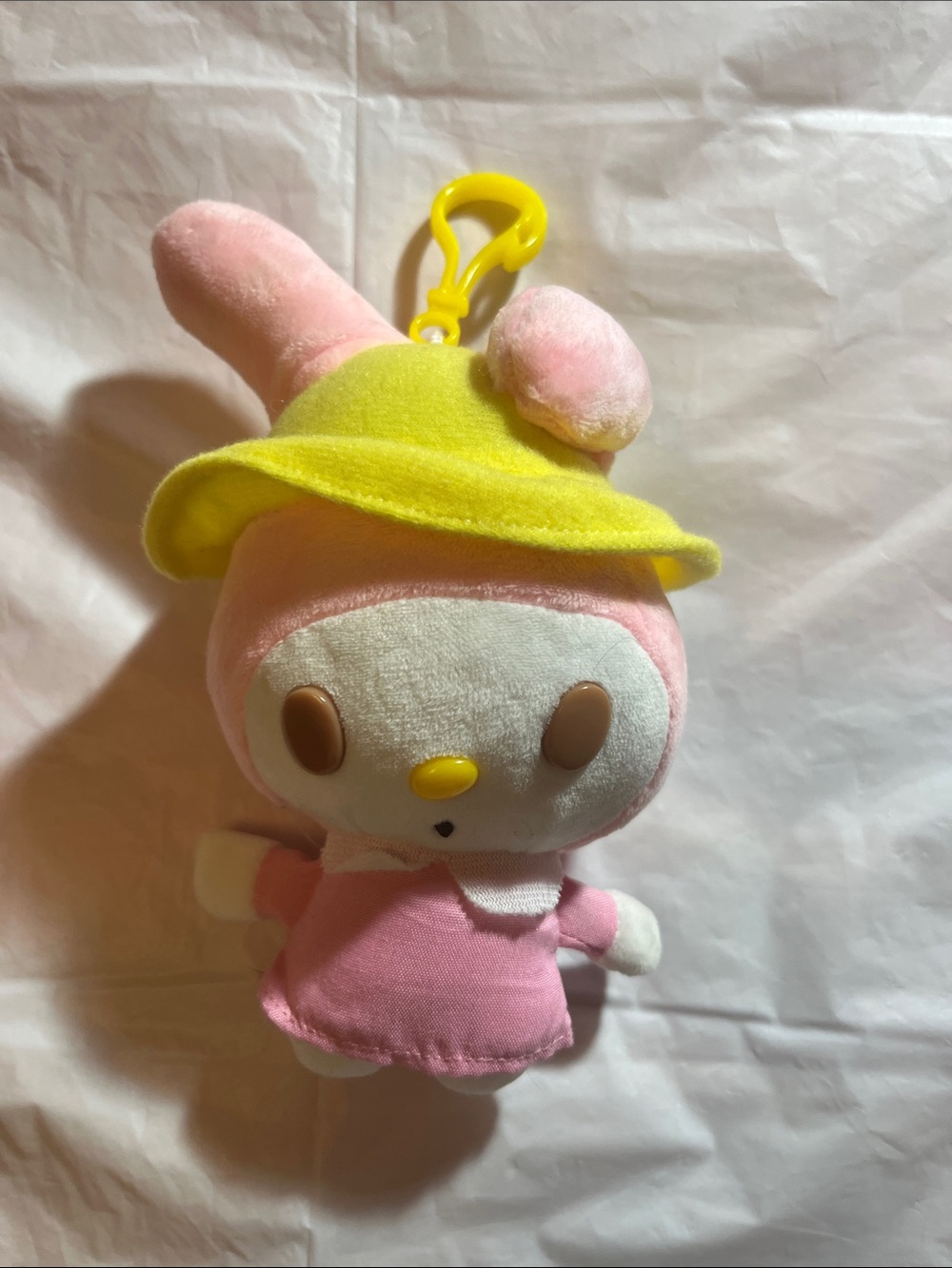 Pink Plush Bunny Keychain with Yellow Hat - Kids Toy